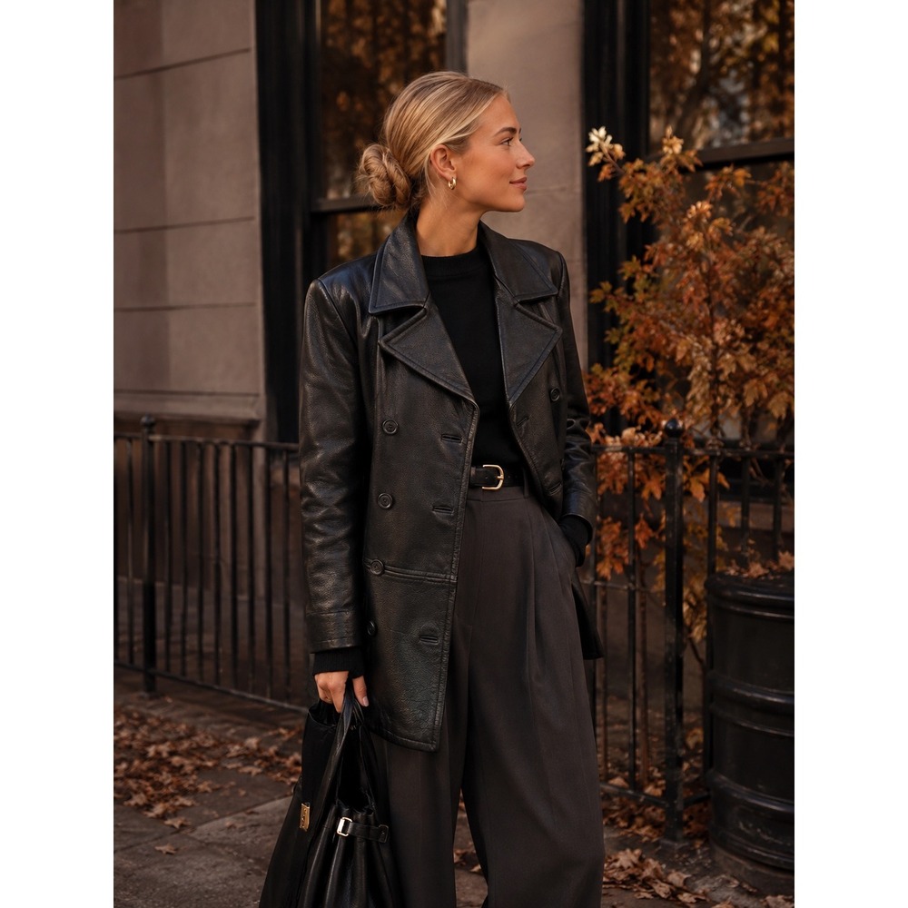 Jones New York Womens Leather Jacket Medium Black Double Breasted Peacoat